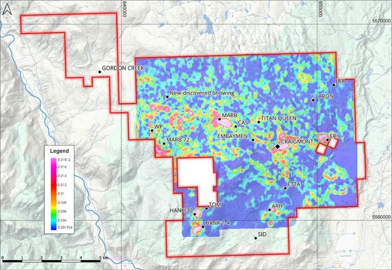 Map showing the airborne magnetic MVI model of the New Craigmont Copper Project