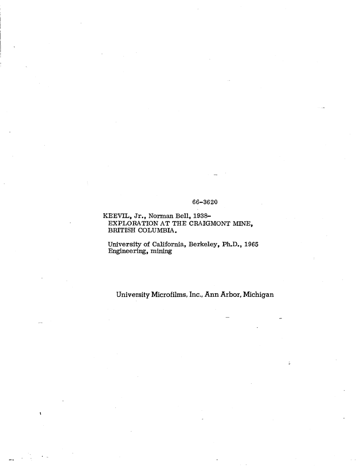 Cover page of the 1965 Craigmont Mine exploration thesis
