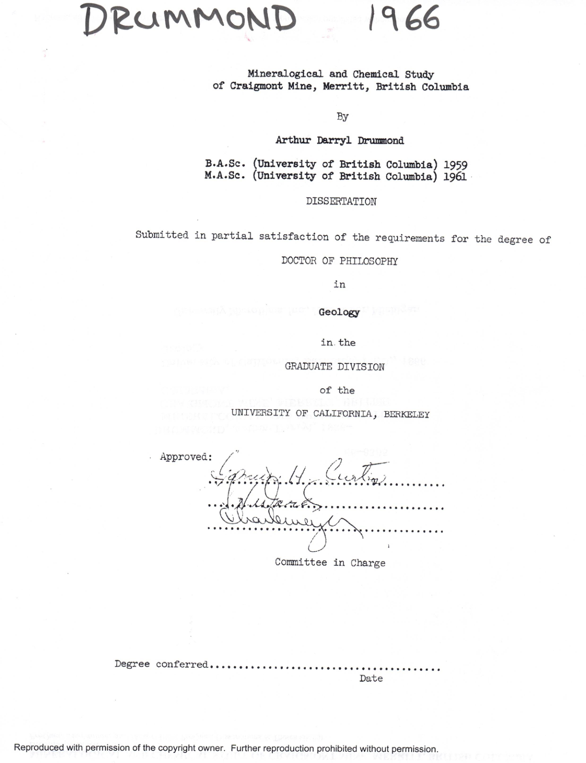 Cover page of the 1966 Craigmont Mine mineralogical and chemical study
