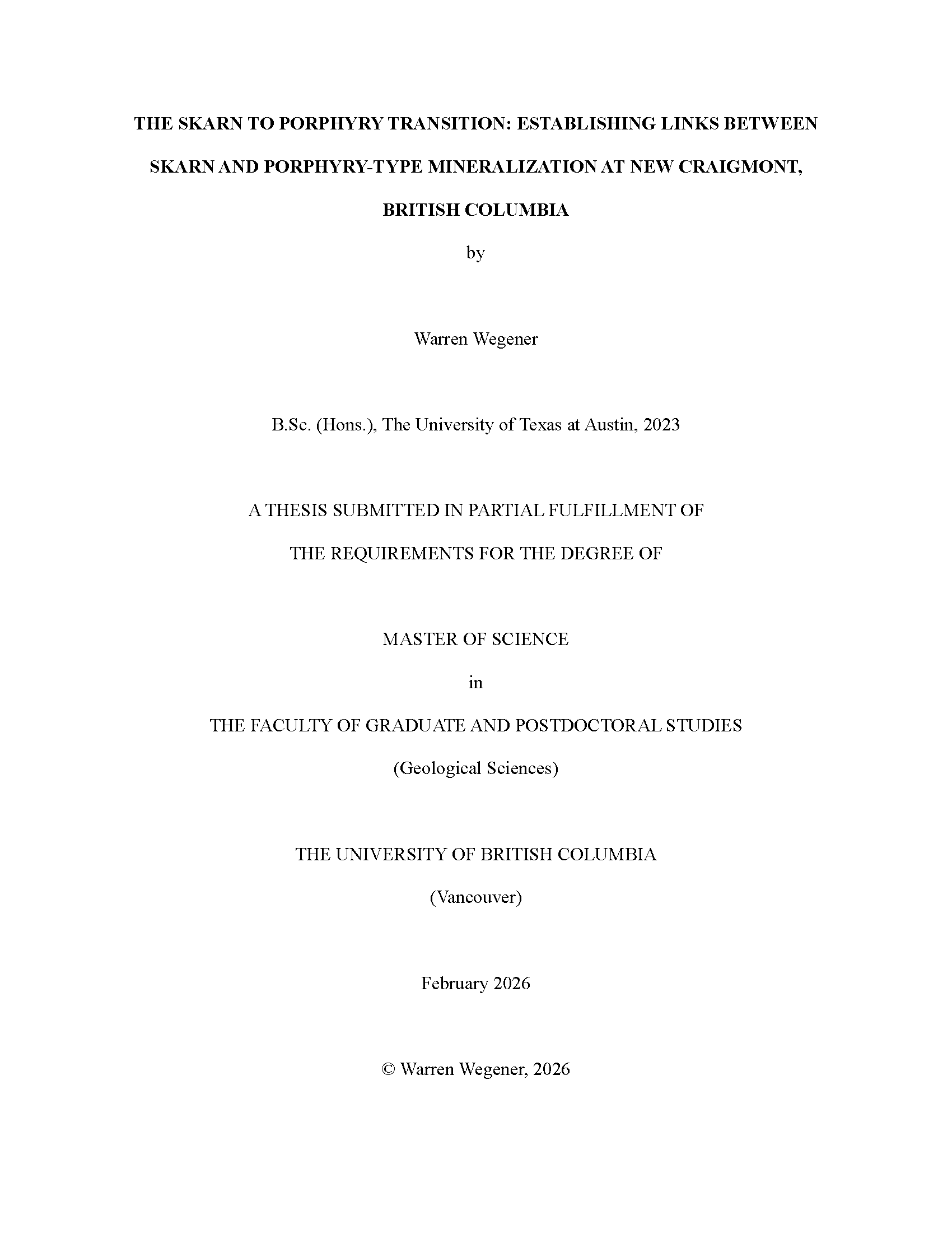 The Skarn to Porphyry Transition: Establishing Links Between Skarn and Porphyry-Type Mineralization at New Craigmont, BC thesis